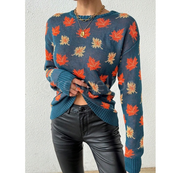 Leaf Print Knit Sweater Pullover for Fall Autumn Dark Teal/Green - Picture 3 of 6